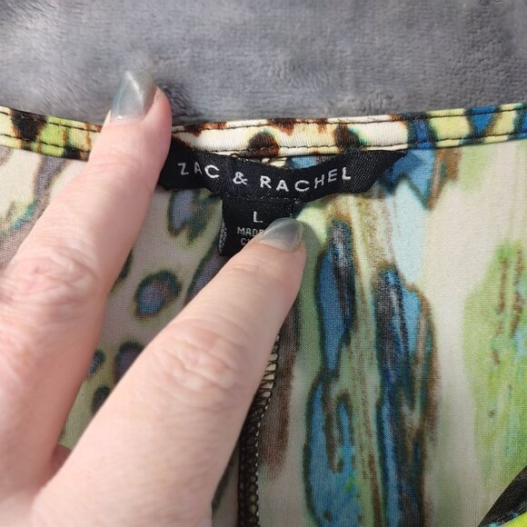 Zac & Rachel Womens Sleeveless TankTop L Green Blue Animal Print Beaded Hem Boho - Picture 6 of 11